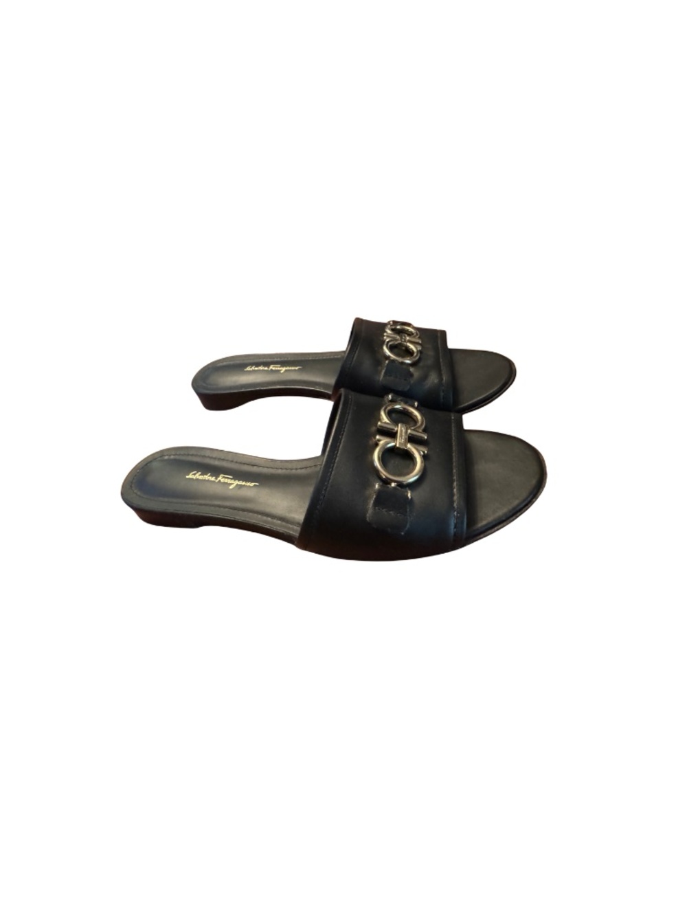 Ferragamo Flat Slides Black Gancini Ornament Women's Size 9